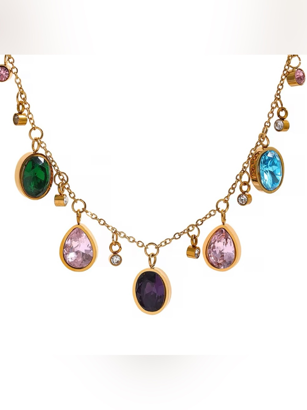 Rainbow Gemstone Charm Necklace – 18K Gold PVD Plated Stainless Steel - Picture 6 of 7
